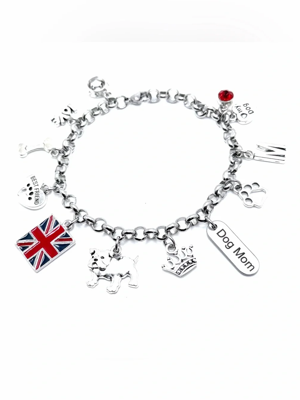English Bulldog Charm Bracelet Dog Mom Gift British Bulldog Jewelry Personalized